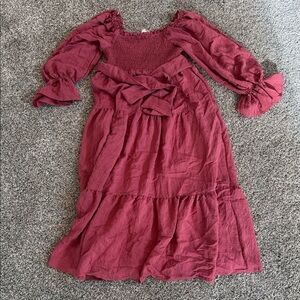Smocked Bodice Midi Dress in Wine Red with Tie Waist